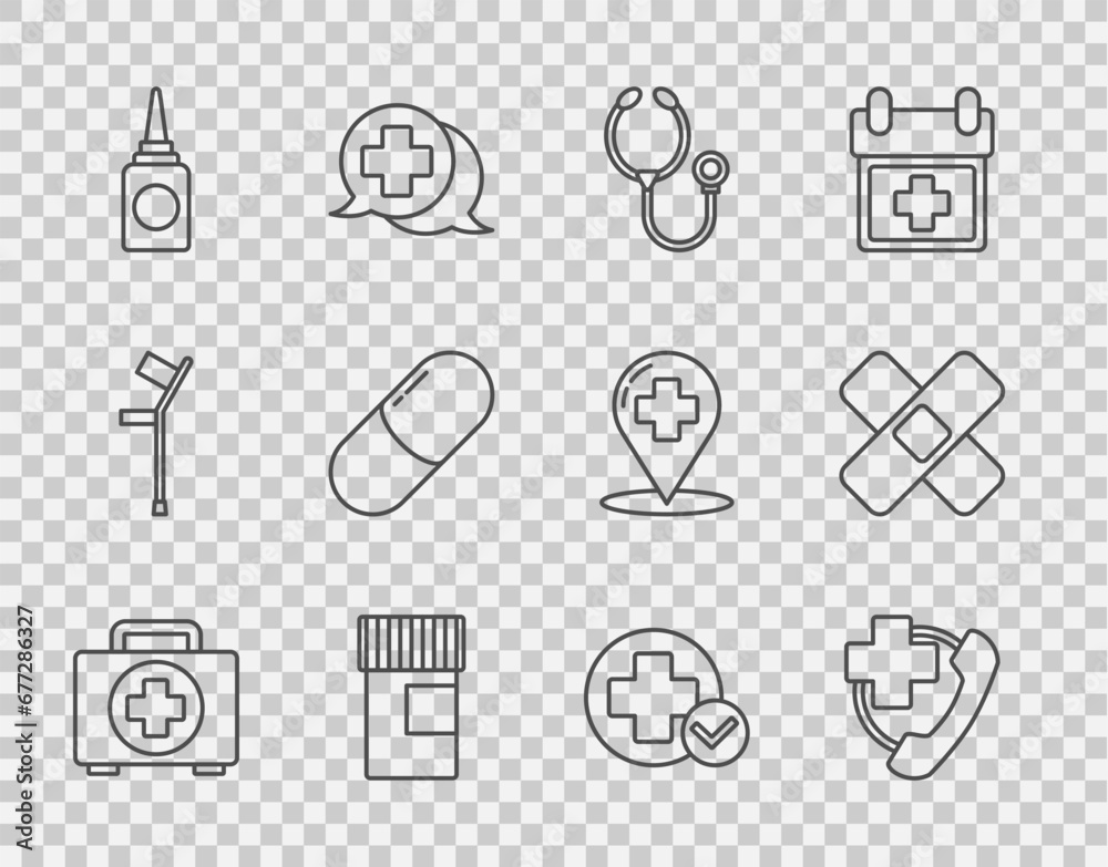 Set line First aid kit, Emergency phone call to hospital, Stethoscope, Medicine bottle, Bottle nasal spray, pill or tablet, Cross medical and Crossed bandage plaster icon. Vector Set line First aid kit, Emergency phone call to hospital, Stethoscope, Medicine bottle, Bottle nasal spray, pill or tablet, Cross medical and Crossed bandage plaster icon. Vector