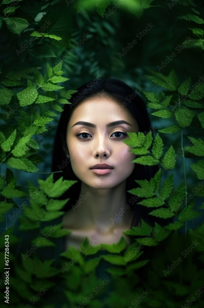 Asian woman model posing in green jungle leaves. Generative AI Asian woman model posing in green jungle leaves. Generative AI