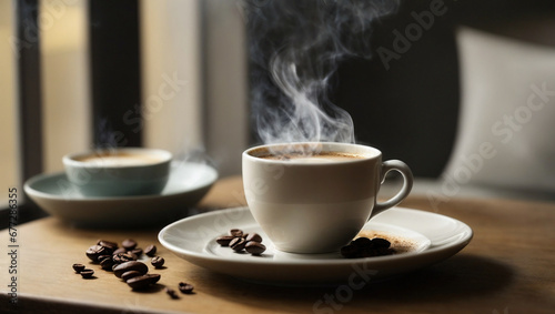 Serene simplicity of a morning coffee ritual with a single coffee cup and milk, and a gently rising wisp of steam against a clean and neutral background. With copy space. photo
