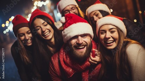 copy space, stockphoto, friends wearing santa claus hat celebrating Christmas night together in city street, Group of young people having new year party outside, Winter holidays concept.