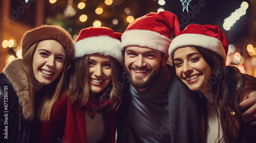 copy space, stockphoto, friends wearing santa claus hat celebrating Christmas night together in city street, Group of young people having new year party outside, Winter holidays concept.