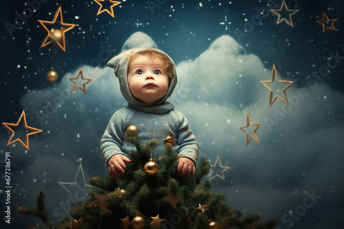 Baby schaut mit großen Augen auf den Weihnachtsbaum (Generative AI) photo