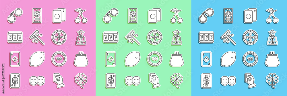 Set line Casino slot machine with clover, Wallet, Poker player, Deck of playing cards, Stick for chips, Slot lucky sevens, Handcuffs and roulette wheel icon. Vector Set line Casino slot machine with clover, Wallet, Poker player, Deck of playing cards, Stick for chips, Slot lucky sevens, Handcuffs and roulette wheel icon. Vector