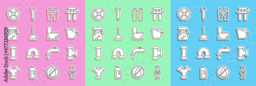 Set line Water meter, Industry metallic pipe, Bucket, Rubber gloves, plunger, Well, valve and Toilet bowl icon. Vector