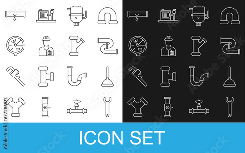 Set line Wrench spanner, Rubber plunger, Industry metallic pipe, Electric boiler for heating water, Plumber, Water meter, Broken with leaking and icon. Vector