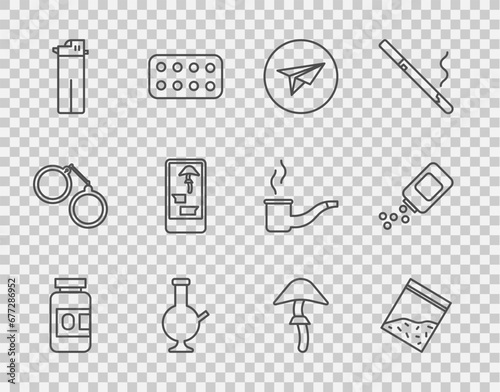 Set line Medicine bottle and pills, Plastic bag of drug, Messenger, Glass bong for smoking marijuana, Lighter, Buying drugs online phone, Psilocybin mushroom and icon. Vector