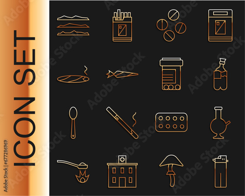 Set line Lighter, Glass bong for smoking marijuana, Bong, Medicine pill tablet, Marijuana joint, Cigar with smoke, Cocaine heroin drug and bottle and pills icon. Vector