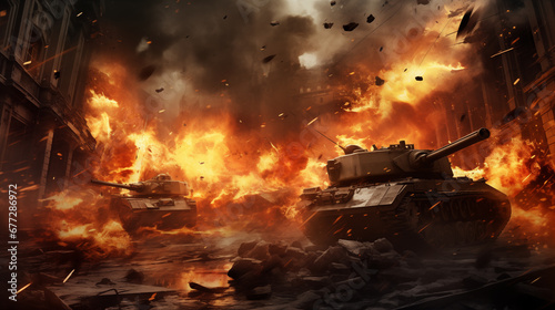 The tank was in the midst of intense flames on the battlefield.