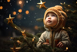 Baby schaut mit großen Augen auf den Weihnachtsbaum (Generative AI)