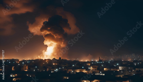 Factory in the middle of the city at night with a large cloud of smoke