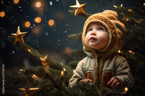 Baby schaut mit großen Augen auf den Weihnachtsbaum (Generative AI)