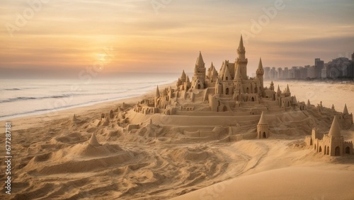 A city made entirely of sandcastles, rising on the shore as the tide approaches. Illustrating the transient beauty of this sandy metropolis against the backdrop of a setting sun.  © Milutinovic