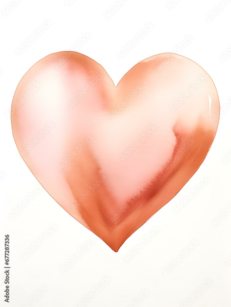 Drawing of a Heart in rose gold Watercolors on a white Background. Romantic Template with Copy Space