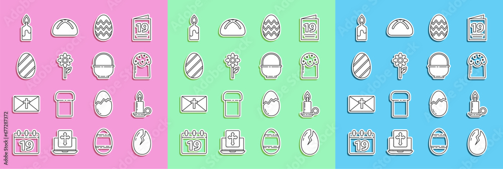Set line Broken egg, Burning candle in candlestick, Easter cake, Flower, and Basket icon. Vector Set line Broken egg, Burning candle in candlestick, Easter cake, Flower, and Basket icon. Vector