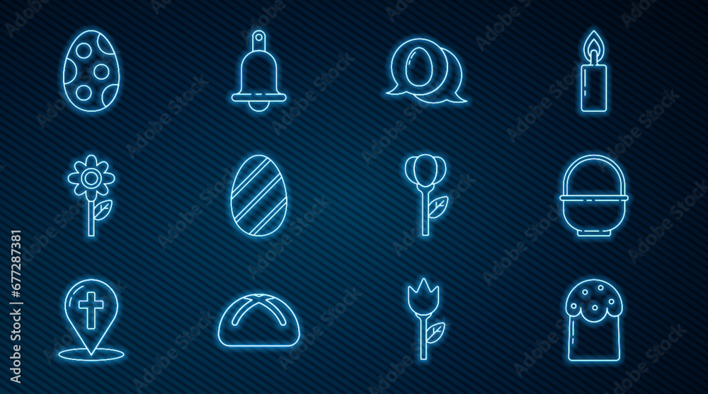 Set line Easter cake, Basket, Speech bubble with easter egg, Flower, tulip and Ringing bell icon. Vector Set line Easter cake, Basket, Speech bubble with easter egg, Flower, tulip and Ringing bell icon. Vector