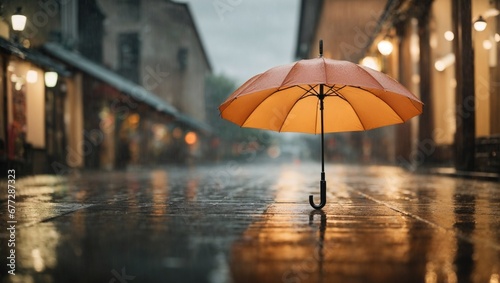 Single umbrella standing on empty street at dusk. Minimal abstract weather and season concept. Autumn vibes idea. With copy space.