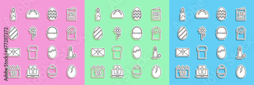 Set line Broken egg, Burning candle in candlestick, Easter cake, Flower, and Basket icon. Vector