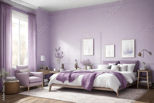 purple interior of the room with purple bed and white pillow  with purple back wall and dressing set with purple wedding bed  purple interior modern bedroom luxurious full furnished 