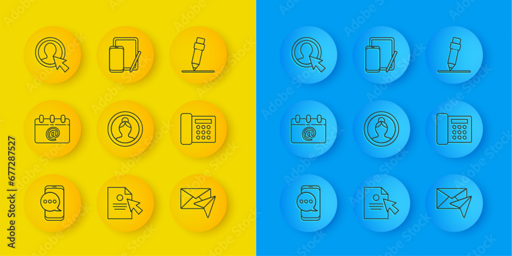 Set line Chat messages notification on phone, Calendar with email, Create account screen, Envelope, Telephone, Pencil eraser and Phone and graphic tablet icon. Vector Set line Chat messages notification on phone, Calendar with email, Create account screen, Envelope, Telephone, Pencil eraser and Phone and graphic tablet icon. Vector