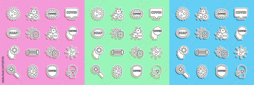 Set line Face in a medical protective mask, Virus, Corona virus covid-19, Shield protecting from, Bar of soap, and Negative icon. Vector Set line Face in a medical protective mask, Virus, Corona virus covid-19, Shield protecting from, Bar of soap, and Negative icon. Vector