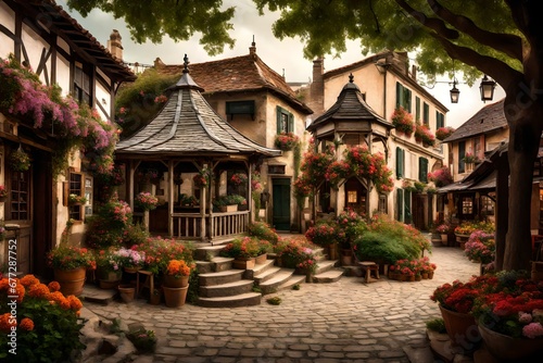 A rustic village square, featuring a weathered gazebo adorned with hanging flowers and surrounded by historic buildings.