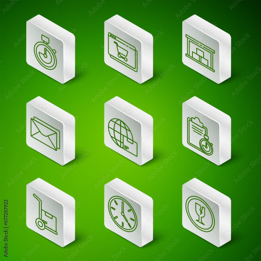 Set line Fragile broken glass, Clock, Stopwatch, Worldwide shipping and box, Envelope, Online shopping on screen, Hand truck boxes and Verification of delivery list clipboard icon. Vector Set line Fragile broken glass, Clock, Stopwatch, Worldwide shipping and box, Envelope, Online shopping on screen, Hand truck boxes and Verification of delivery list clipboard icon. Vector