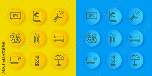 Set line Coffee cup, Money exchange, Suitcase, Sun protective umbrella for beach, Big bed, Smart Tv, Key and Passport icon. Vector