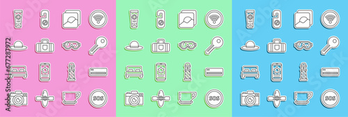 Set line Location with SOS, Air conditioner, Key, Photo, Suitcase, Elegant women hat, Sunscreen cream in tube and Ski goggles icon. Vector
