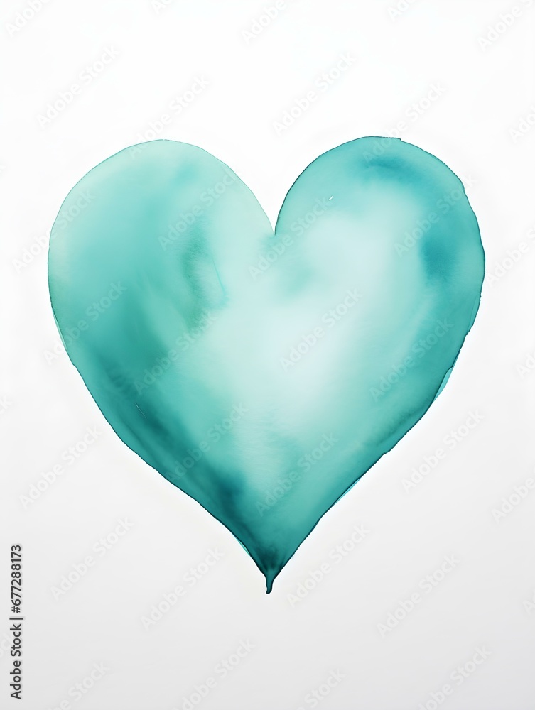 Drawing of a Heart in turquoise Watercolors on a white Background. Romantic Template with Copy Space