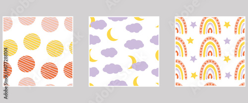 Set of kids background. Seamless patterns with circle, cloud, rainbow, moon, star, heart. Modern colors. Vector simple design.