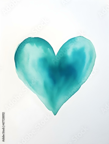 Drawing of a Heart in turquoise Watercolors on a white Background. Romantic Template with Copy Space
