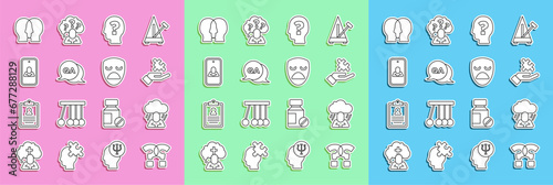 Set line Question mark, Depression, Solution to the problem, Head with question, and Answer, Psychologist online, Bipolar disorder and Drama theatrical mask icon. Vector