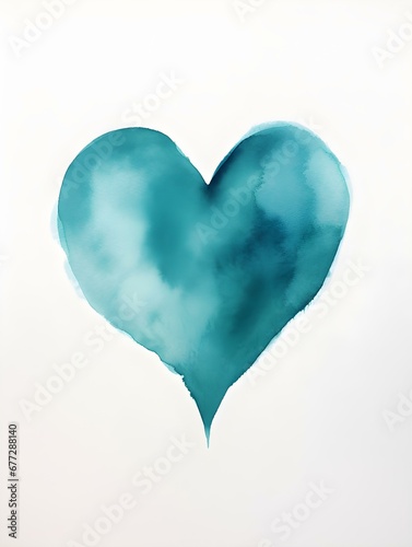 Drawing of a Heart in turquoise Watercolors on a white Background. Romantic Template with Copy Space