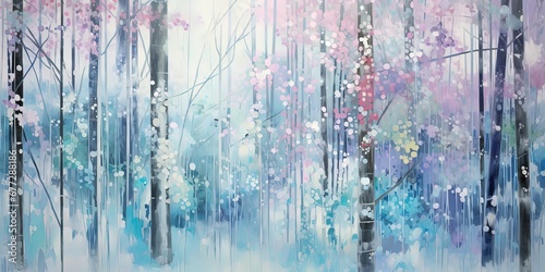 painting style illustration abstract of nature landscape of beautiful snow falling in deep forest  Generative Ai