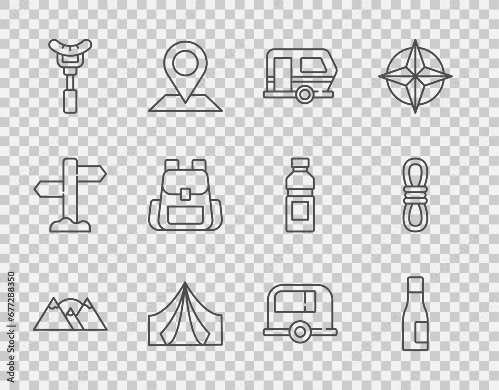 Set line Mountains, Bottle of water, Rv Camping trailer, Tourist tent, Sausage on the fork, Hiking backpack, and Climber rope icon. Vector Set line Mountains, Bottle of water, Rv Camping trailer, Tourist tent, Sausage on the fork, Hiking backpack, and Climber rope icon. Vector