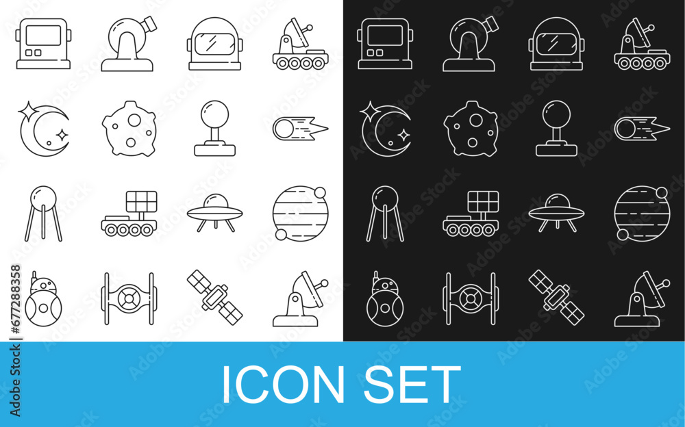 Set line Satellite dish, Planet, Comet falling down fast, Astronaut helmet, Asteroid, Moon and stars, and Joystick icon. Vector