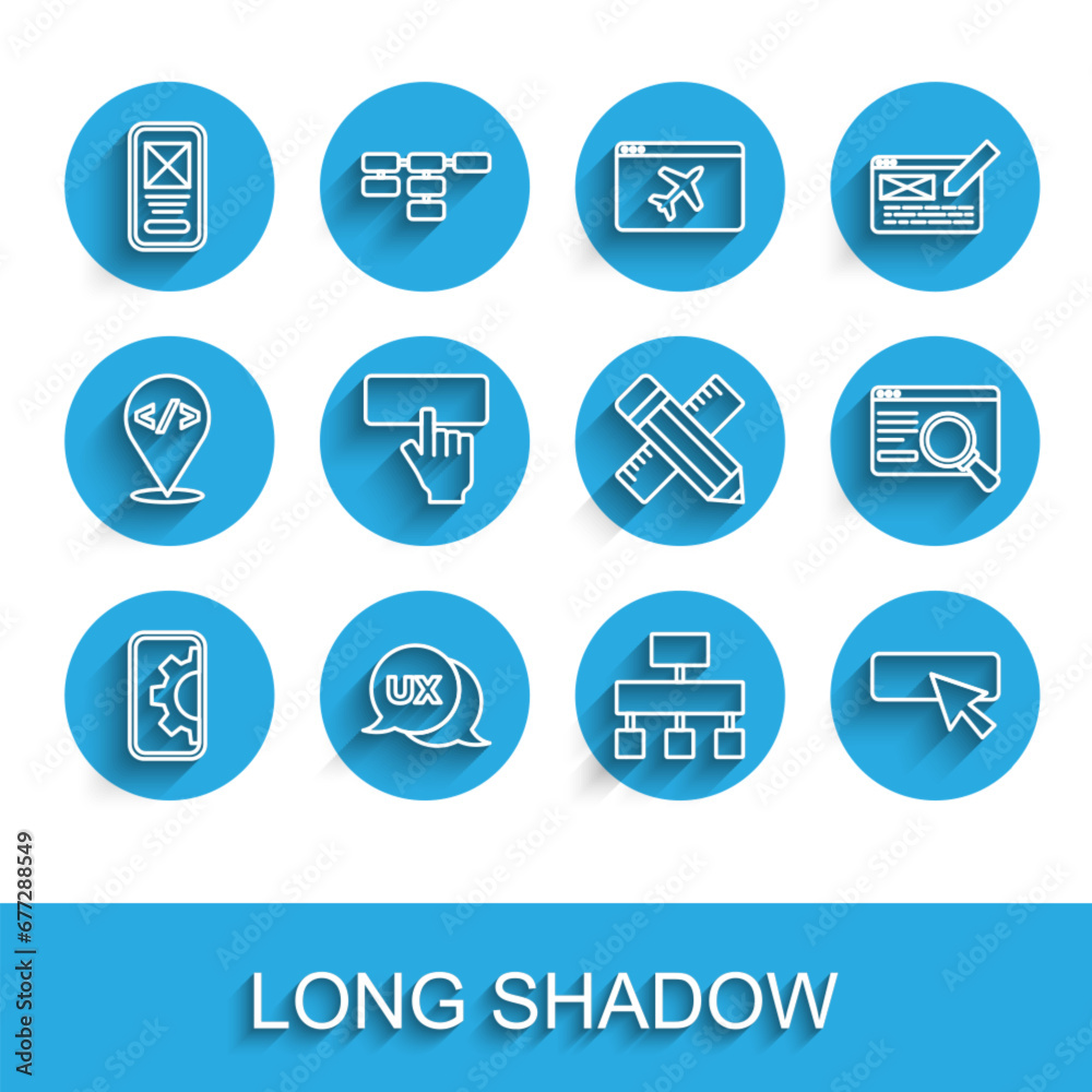 Set line Web development, UI or UX design, Site map, Keyboard, and Crossed ruler and pencil icon. Vector Set line Web development, UI or UX design, Site map, Keyboard, and Crossed ruler and pencil icon. Vector