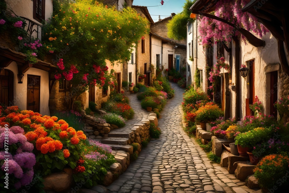 A narrow cobblestone pathway winding through the village, bordered by colorful blooming gardens and rustic wooden fences.