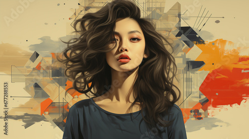 digital art collage ,portrait of a korean lady with colorful art, ai generated photo
