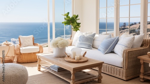 living room interior deisgn with coastal interiod design style white and blue material color scheme and finishing beautiful living room with view window of ocaen beach seascape daylight from window photo