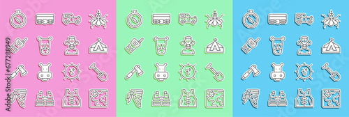 Set line Africa safari map, Shovel, Tourist tent, Off road car, Rhinoceros, Walkie talkie, Compass and African tribe male icon. Vector