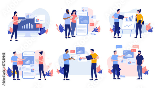 Analytics work collection - Set of illustrations with businesspeople working looking at graphs, diagrams and data. Analysing finances and business result concept in flat design vector
