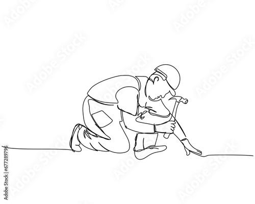 Builder in working uniform and hard hat hammers nails, hammer safety one line art. Continuous line drawing of repair, hand, people, concept, support, maintenance.