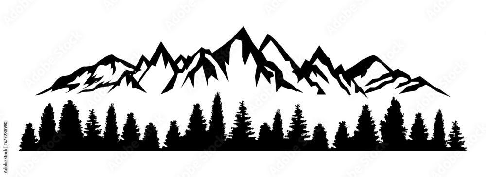 Mountain ridge with many peaks and the forest at the foot, nature skyline silhouette - stock vector - obrazy, fototapety, plakaty 
