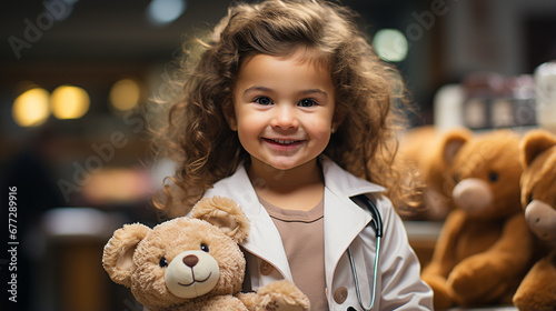 Little girl playing doctor with stuffed animals as patients. Toddler playing dress-up as a doctor. Role play in young children. Happy child with his teddy bear and his toys. photo