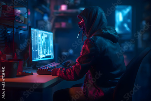 Cyber attack concept. Young man in hood with computer at dark room.
