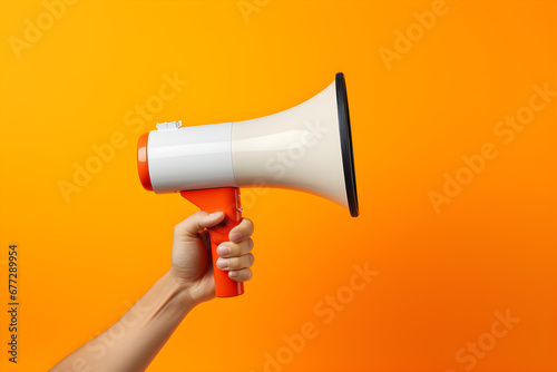 Marketing and sales holding hand, orange background, megaphone,