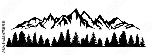 Mountain ridge with many peaks and the forest at the foot, nature skyline silhouette - stock vector