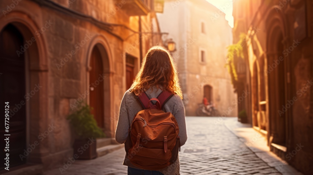 adult female woman traveller walking on a old stone street local old town cheerful happiness peaceful freshness moment while spending a quality time travel in old town europe