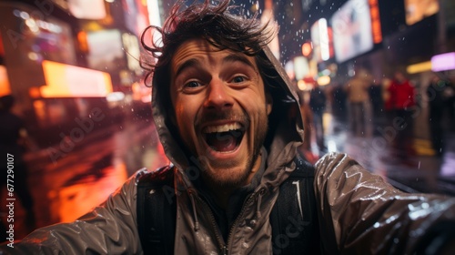 exited greeting emotion caucasian travel vloger influencer smiling laugh talking to camera pov while stay on street at night raining water splash with crowd people background night travel lifestyle